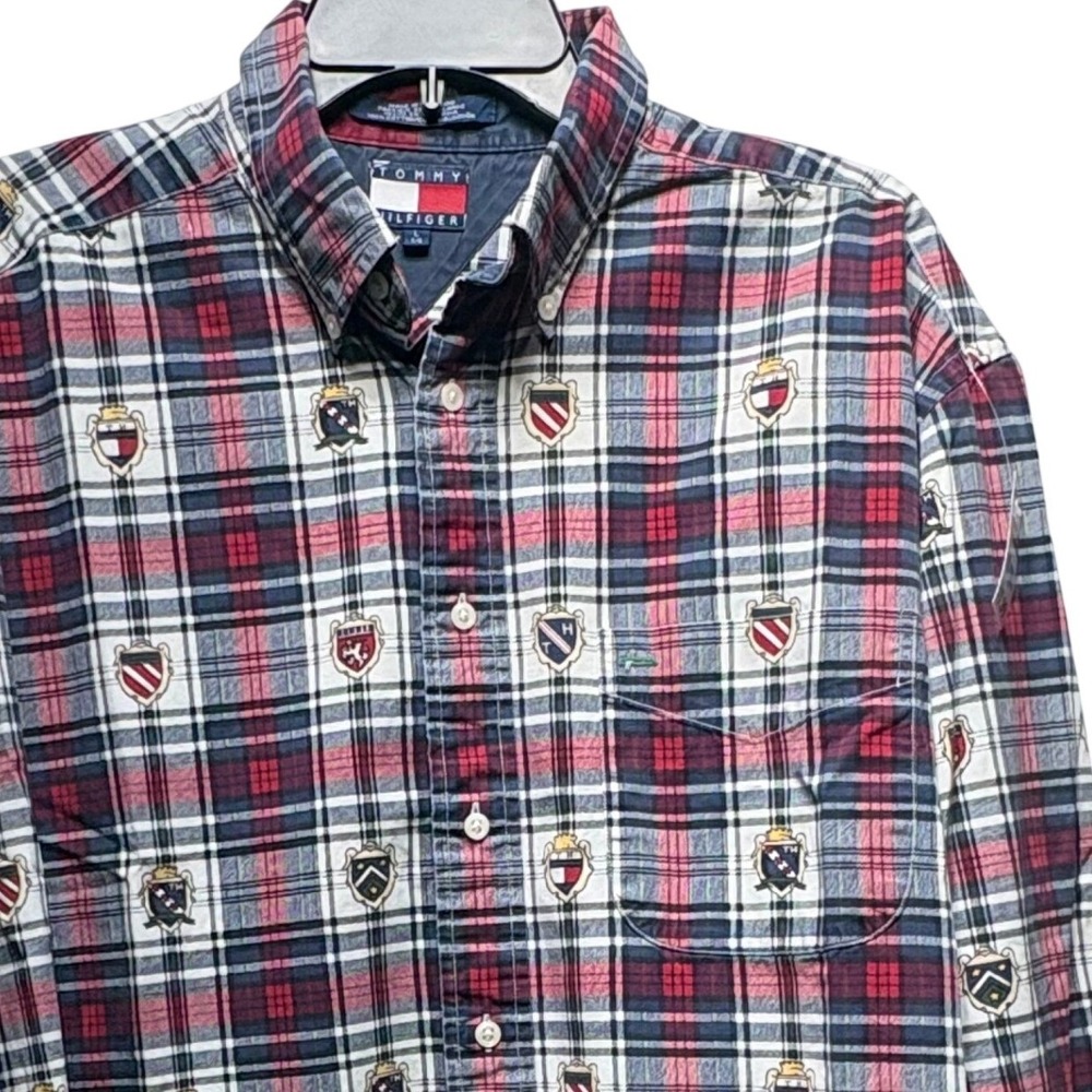 Vintage Tommy Hilfiger Mens L Plaid All Over Crest Shield Button Down Shirt